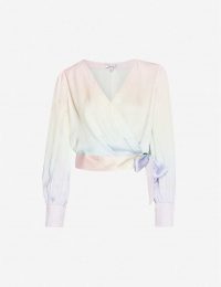 OLIVIA RUBIN Abbie rainbow silk-satin top in pastel ombre / cropped wrap blouse