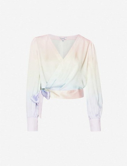 OLIVIA RUBIN Abbie rainbow silk-satin top in pastel ombre / cropped wrap blouse - flipped