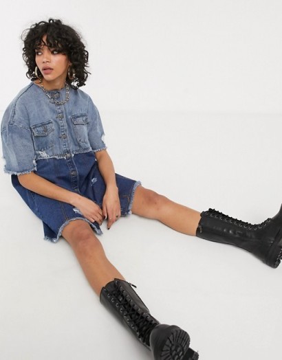One Above Another oversized shirt dress in deconstructed denim mix