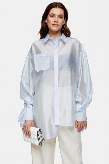 Topshop Pale Blue Oversized Stripe Organza Shirt | balloon sleeved shirts - flipped