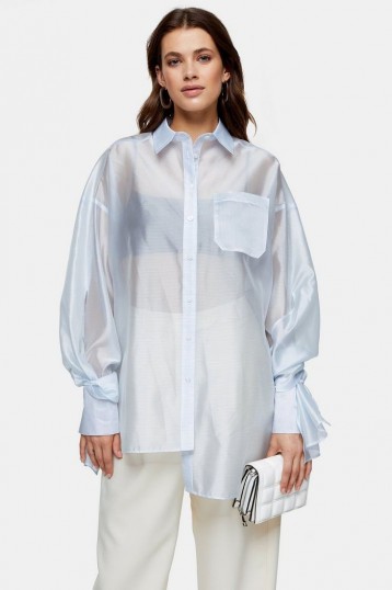 Topshop Pale Blue Oversized Stripe Organza Shirt | balloon sleeved shirts