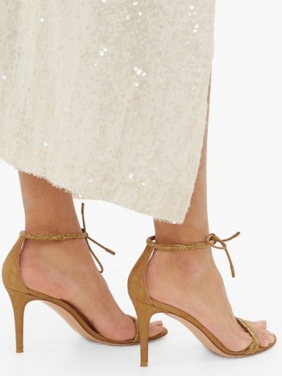 GIANVITO ROSSI Pascale 85 crystal and metallic-suede sandals in gold ~ barely there heels with crystals - flipped