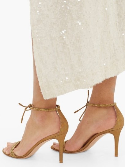 GIANVITO ROSSI Pascale 85 crystal and metallic-suede sandals in gold ~ barely there heels with crystals