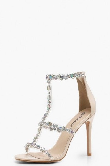 Boohoo Patent Embellished Cage Heel Sandals Nude – party heels - flipped
