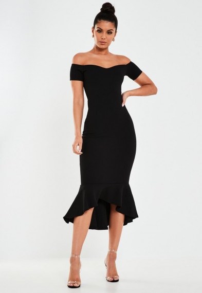 MISSGUIDED petite black bardot fishtail bodycon midi dress – LBD - flipped