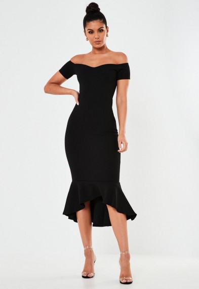 MISSGUIDED petite black bardot fishtail bodycon midi dress – LBD