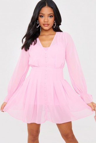 IN THE STYLE PINK BUTTON DOWN CHIFFON SKATER DRESS – long sleeve fit and flare - flipped