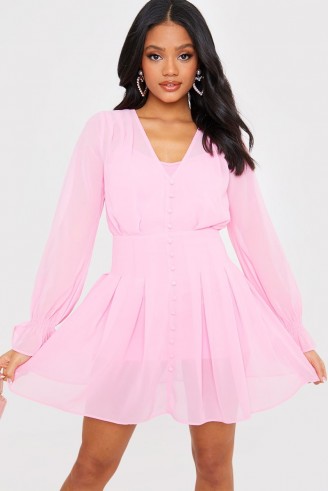 IN THE STYLE PINK BUTTON DOWN CHIFFON SKATER DRESS – long sleeve fit and flare