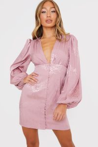 IN THE STYLE PINK JACQUARD BALLOON SLEEVE MINI DRESS – plunge front dresses