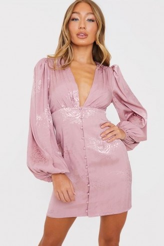 IN THE STYLE PINK JACQUARD BALLOON SLEEVE MINI DRESS – plunge front dresses - flipped