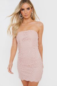 IN THE STYLE PINK LACE BONED STRAPLESS MINI DRESS