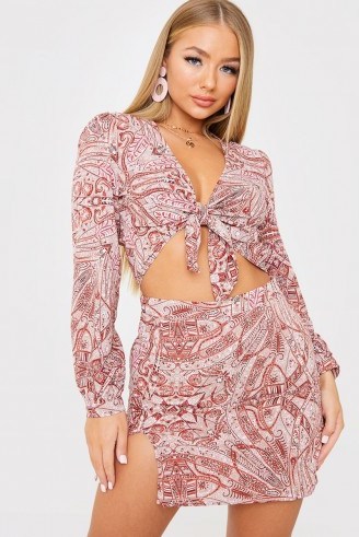 IN THE STYLE PINK PAISLEY PRINT SPLIT FRONT CO-ORD MINI SKIRT - flipped