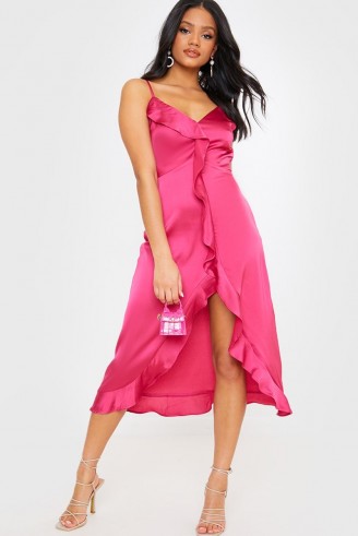 IN THE STYLE PINK SATIN FRILL MIDI DRESS