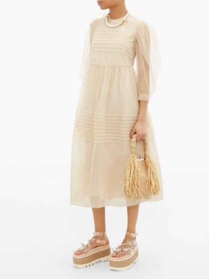 SIMONE ROCHA Pintuck-pleated tulle midi dress in beige | feminine sheer sleeve dresses - flipped
