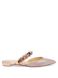 CHRISTIAN LOUBOUTIN Planet Choc spiked-strap glitter backless loafers in rose-gold | luxe flat mules