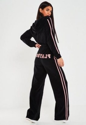 playboy x missguided black velour wide leg joggers / side striped logo jogger - flipped