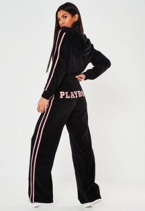 playboy x missguided black velour wide leg joggers / side striped logo jogger