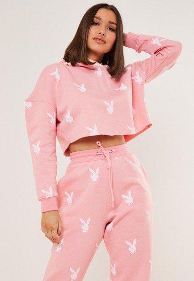 playboy x missguided pink bunny repeat print cropped hoodie / logo printed hoodies