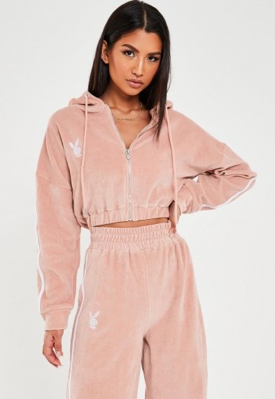 playboy x missguided pink velour hooded zip through jacket / cropped hoodies - flipped