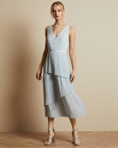 TED BAKER IONAA Pleated tiered midi dress in light blue / asymmetric tiers / occasion wear - flipped