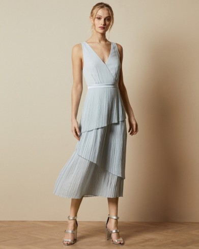 TED BAKER IONAA Pleated tiered midi dress in light blue / asymmetric tiers / occasion wear
