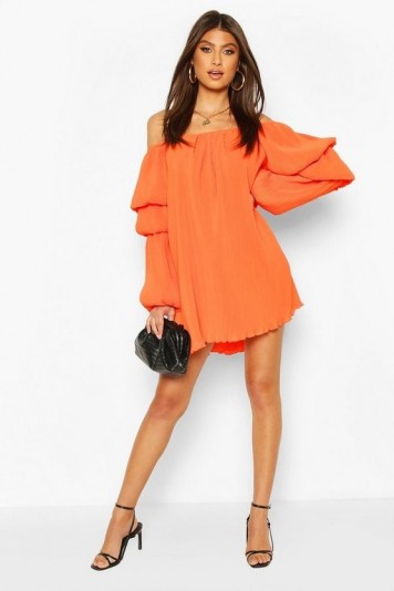 Boohoo Plisse Off The Shoulder Puff Sleeve Swing Dress Orange – bardot dresses