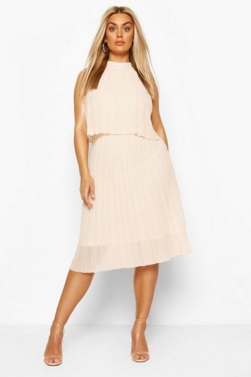 Boohoo Plus Occasion Pleated Midi Dress Blush – curvy size celebration wear - flipped