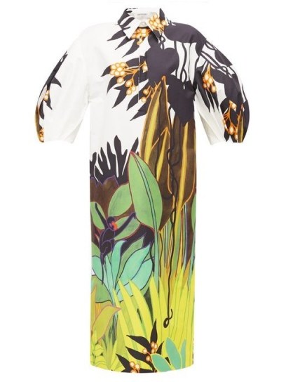 VALENTINO Puff-sleeve jungle-print cotton shirtdress | multicoloured high neck dresses - flipped