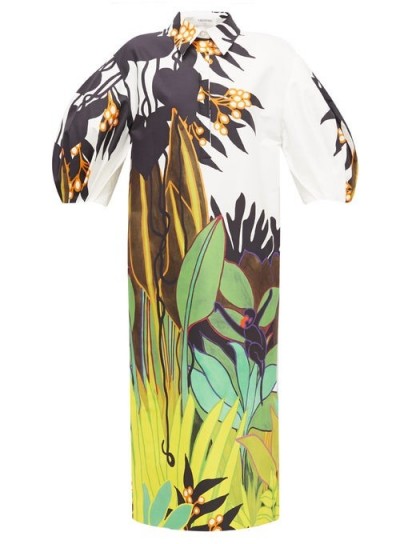 VALENTINO Puff-sleeve jungle-print cotton shirtdress | multicoloured high neck dresses
