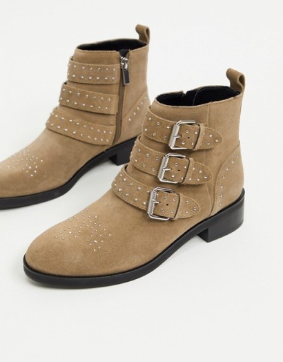 Pull&Bear suede buckle boots in taupe