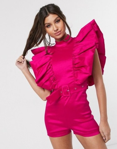 Rare London playsuit with belt and statement sleeve detail in pink in Fuschia | bright fuchsia-pink playsuits - flipped