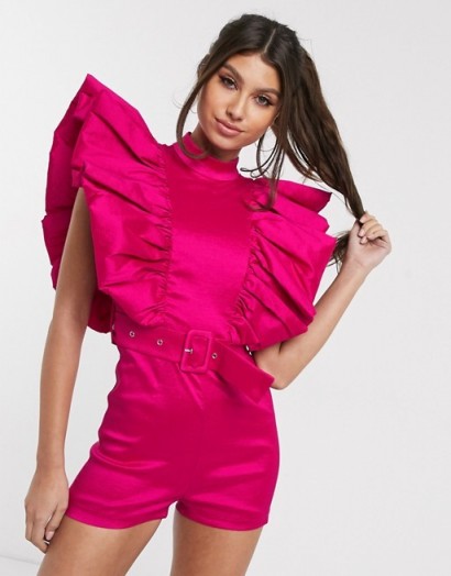 Rare London playsuit with belt and statement sleeve detail in pink in Fuschia | bright fuchsia-pink playsuits