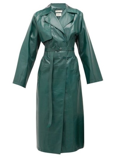 BOTTEGA VENETA Ribbed-waist double-breasted green-leather trench coat - flipped