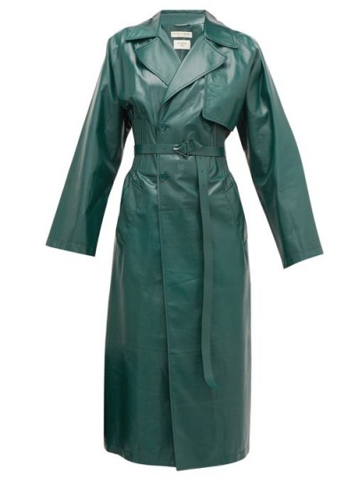 BOTTEGA VENETA Ribbed-waist double-breasted green-leather trench coat