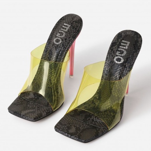 EGO River Yellow Clear Perspex Square Peep Toe Heel Mule In Black Snake Print Faux Leather – pink heels - flipped