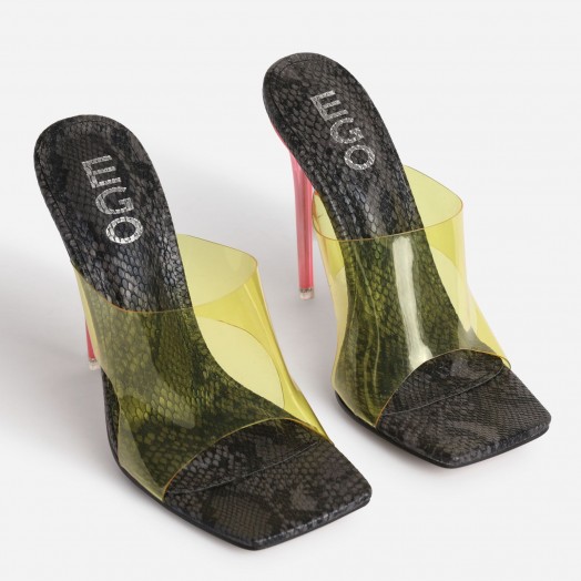 EGO River Yellow Clear Perspex Square Peep Toe Heel Mule In Black Snake Print Faux Leather – pink heels