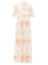GIAMBATTISTA VALLI Rose-embroidered cape-sleeve lace gown in peachy rose – matches fashion