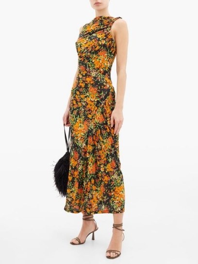 ATLEIN Ruched floral-print stretch-crepe dress in orange black green - flipped