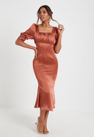 MISSGUIDED rust satin ruched bust midi dress - flipped