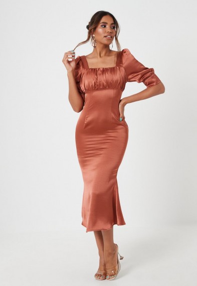 MISSGUIDED rust satin ruched bust midi dress