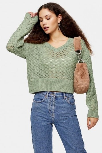 Topshop Sage Honeycomb Knitted Jumper | green v-neck sweater - flipped