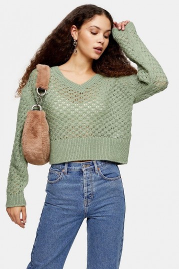 Topshop Sage Honeycomb Knitted Jumper | green v-neck sweater