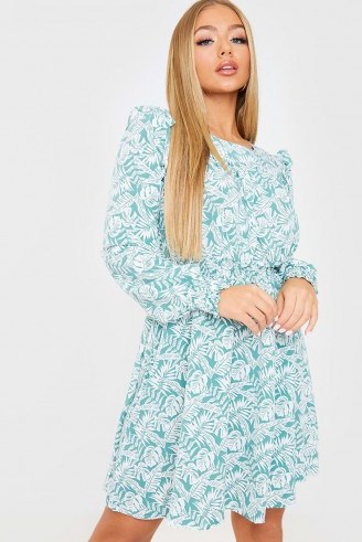 IN THE STYLE SAGE PALM LEAF PRINT RUCHED WAIST MINI DRESS - flipped