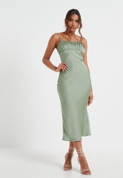 MISSGUIDED sage ruched bust strappy midi dress – thin shoulder dtrap dresses - flipped