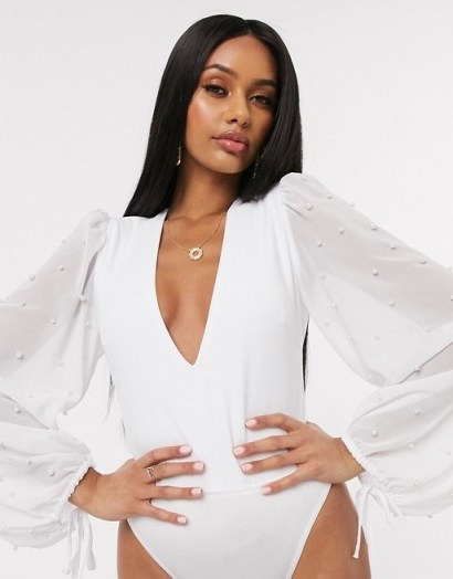 Saint Genies plunge front body with pearl sleeve detail in white – balloon sleeved bodysuits - flipped