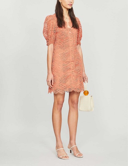 SANDRO Livan lace mini dress in coral | sheer sleeved fashion