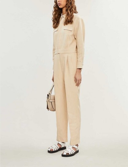 SANDRO Uno belted cotton-linen-blend jumpsuit in beige ~ utilitarian look - flipped