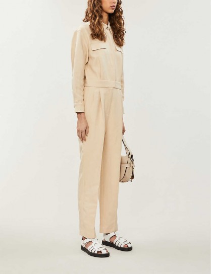 SANDRO Uno belted cotton-linen-blend jumpsuit in beige ~ utilitarian look
