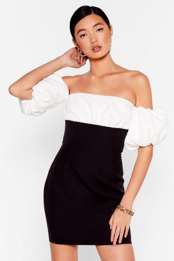 NASTY GAL Show Off-the-Shoulder Puff Sleeve Mini Dress in Black – monochrome bardot dresses