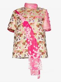 Shuting Qiu Contrast Panel Floral Silk Jacquard Shirt ~ pink shirts